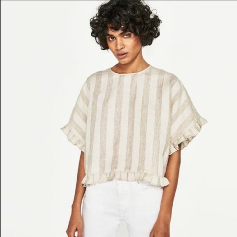 Zara Linen Ruffle Striped Crop Top